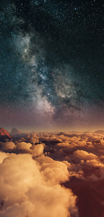 Photographie d'art Astrophotography picture of 3D landscape with milky way on the night sky.