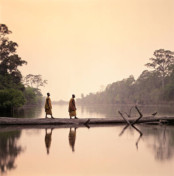 Művészeti fotózás Buddhist Monks walking along submerged tree
