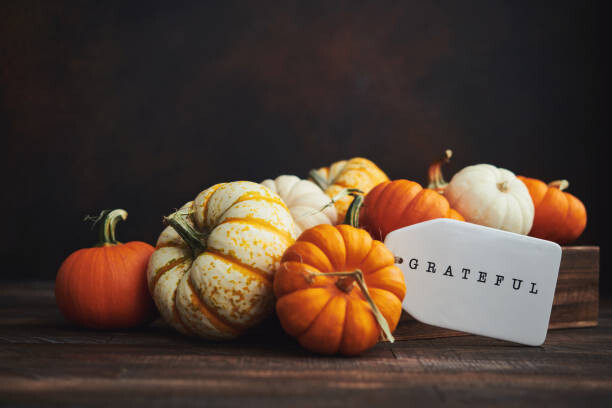 Umjetnička fotografija Collection of miniature pumpkins in wooden crate with GRATEFUL message for Fall and Thanksgiving