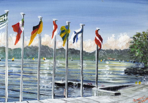 Umelecká tlač Flags on Lac Leman, 2010,