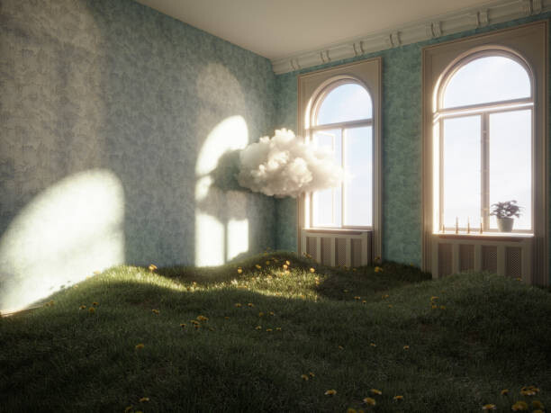 Umělecká fotografie Home Interior with grass and cloud