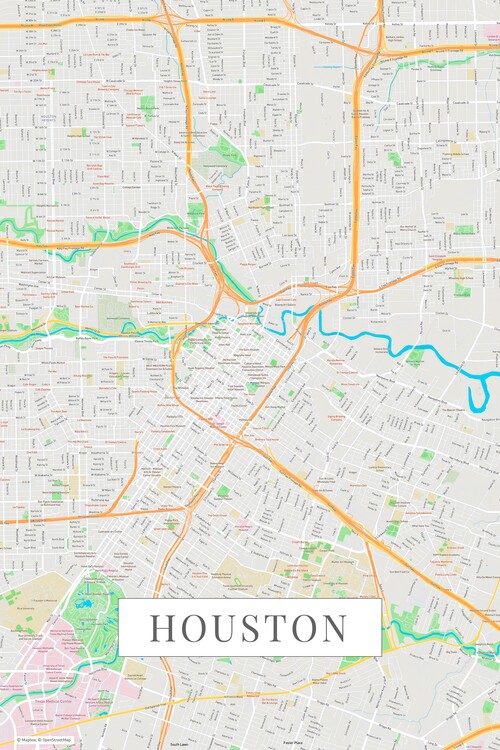 Map of Houston color ǀ Maps of all cities and countries for your wall