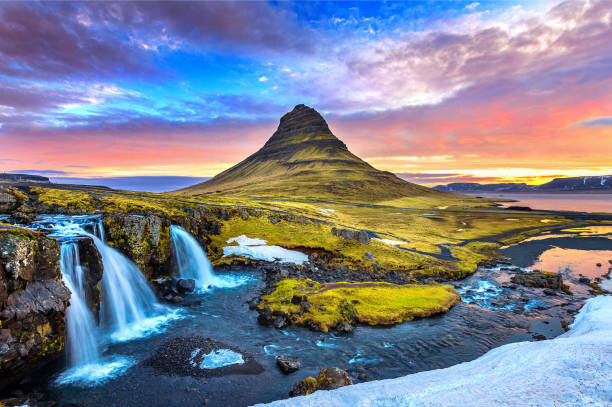Umelecká fotografie Kirkjufell at sunrise in Iceland. Beautiful