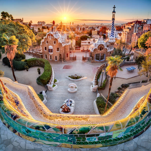 Fotografia Park Guell at golden hour. Barcelona, Spain