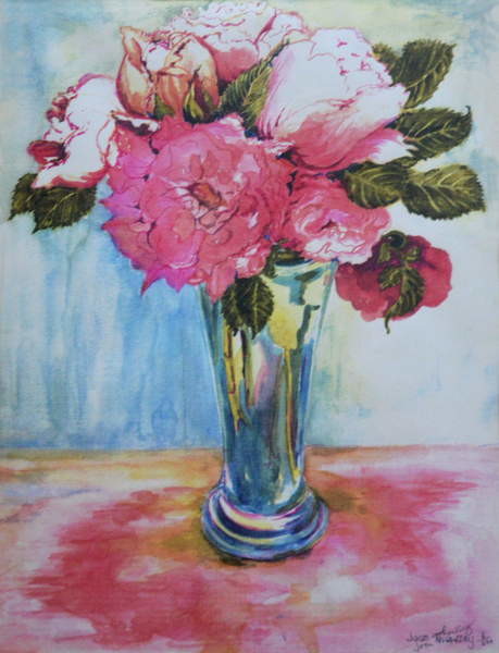 Obrazová reprodukce Pink Roses in a Blue Glass, 2000,