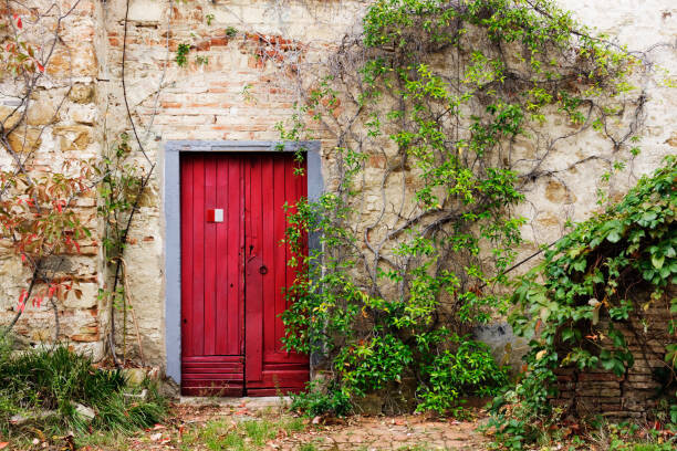 Photographie artistique Red Door in Old Brick and Stone Cottage