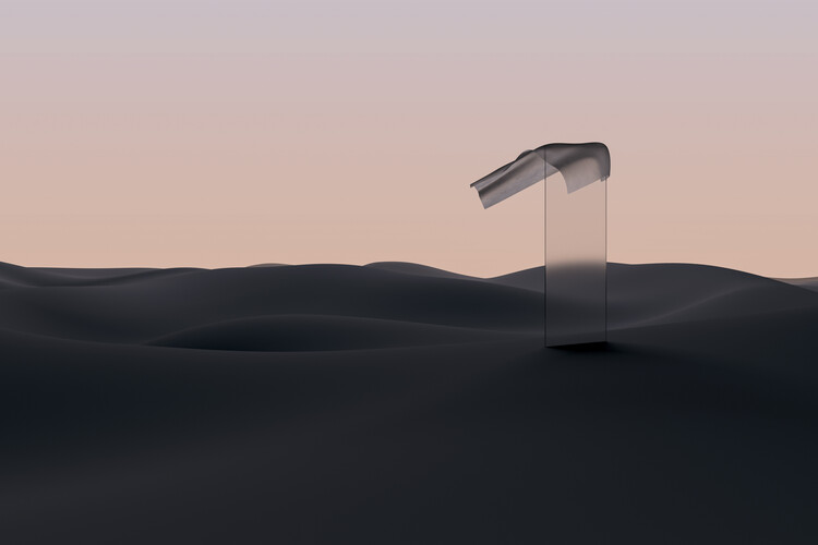 Umělecká fotografie Render of a piece of glass alone in the desert with a cloth series 3