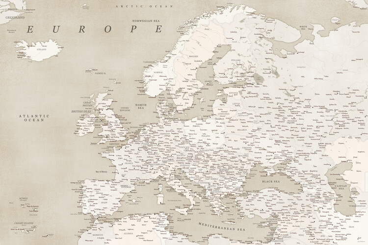 Map Of Europe Map Of Europe Karta Över Sepia Vintage Detailed Map Of Europe ǀ Alla Stadskartor Eller  Världskartor På Väggen