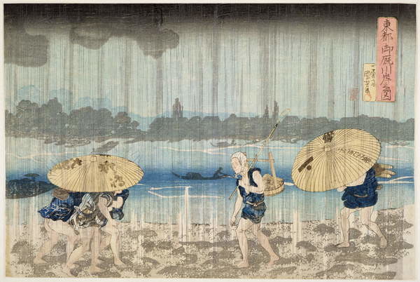 Kunstdruk Shower on the Banks of the Sumida River at Ommaya Embankment in Edo