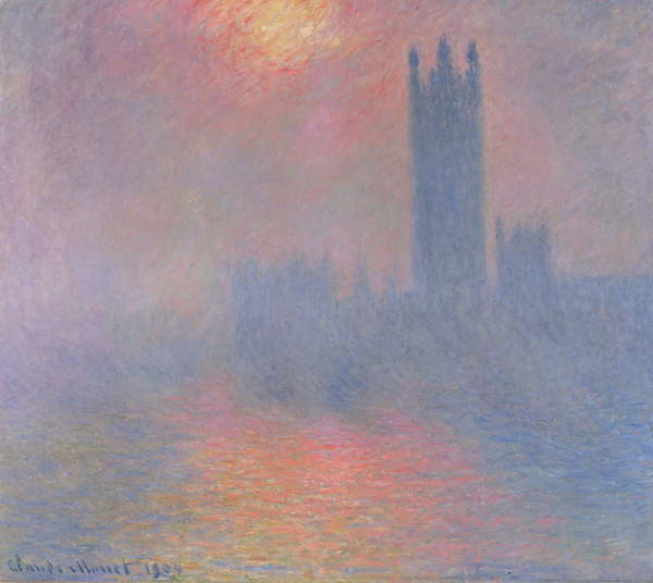 Obraz na plátně The Houses of Parliament, London, with the sun breaking through the fog