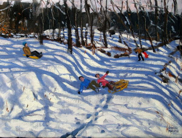 Obraz na plátně Two boys falling off a sledge, Morzine