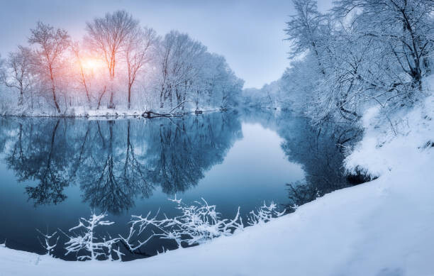Umělecká fotografie Winter forest on the river at