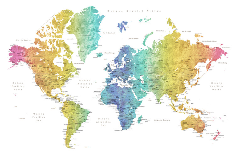 Kart over World map with labels in Spanish, rainbow watercolor ǀ Bykart ...