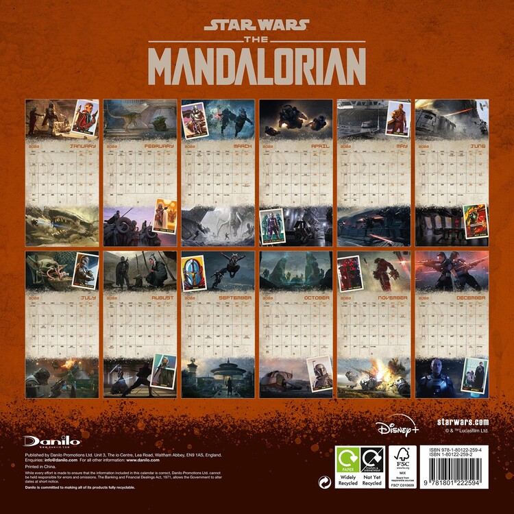 Calendario 2022 diseño de El mandaloriano Star Wars 12 meses, 30 x 30 cm