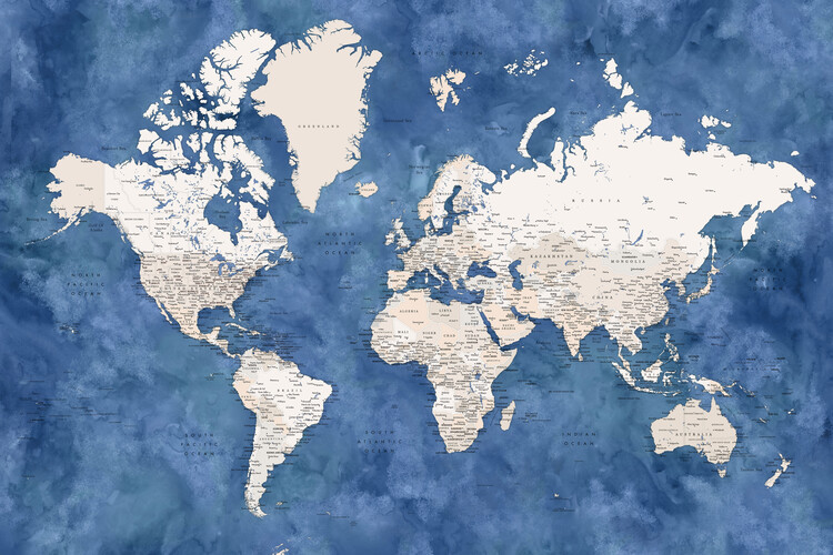Carta da parati Blue and beige watercolor detailed world map