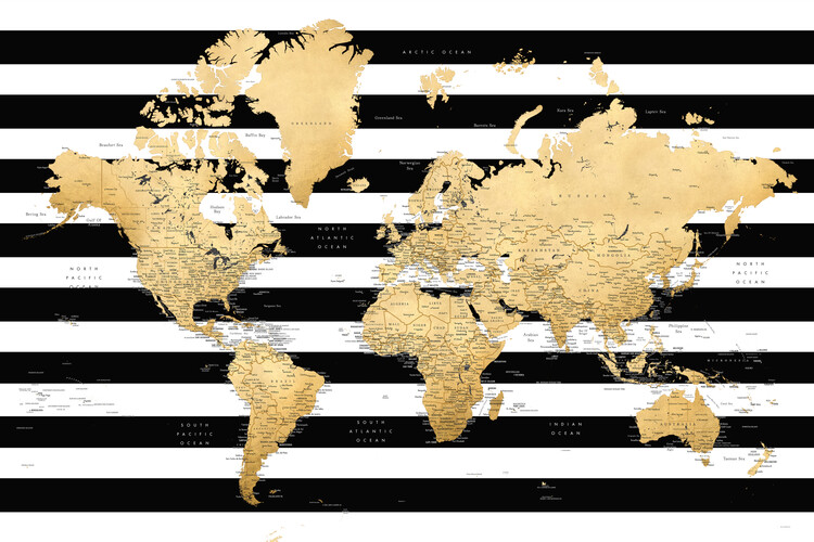 Carta da parati Detailed gold world map with stripes, Harper