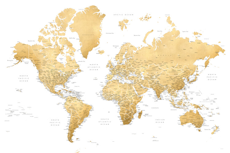 Carta da parati Gold world map with cities, Rossie