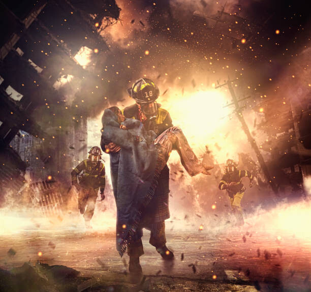 Samolepka Caucasian firefighter saving boy in burning