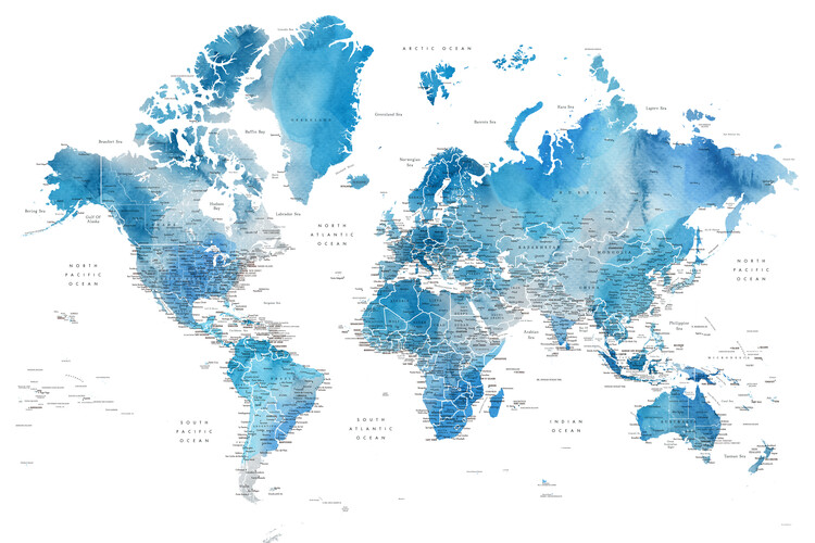 Blue watercolor world map with cities, Raleigh Fotobehang