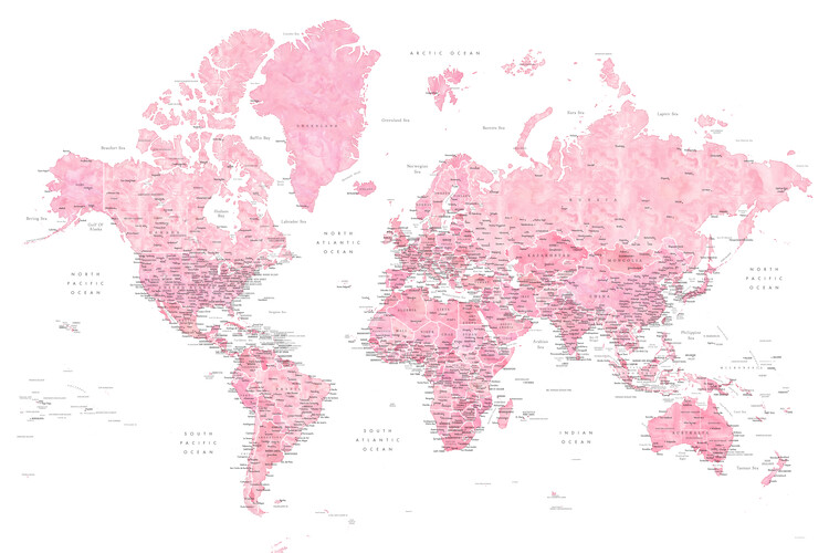 Detailed pink watercolor world map, Damla Fotobehang