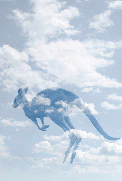 Behang Double exposure of clouds and kangaroo.