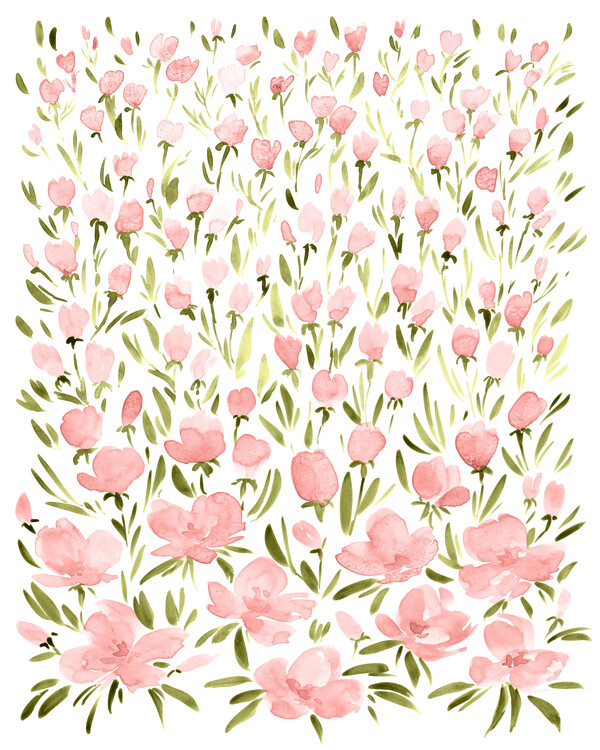 Field of pink watercolor flowers Fotobehang