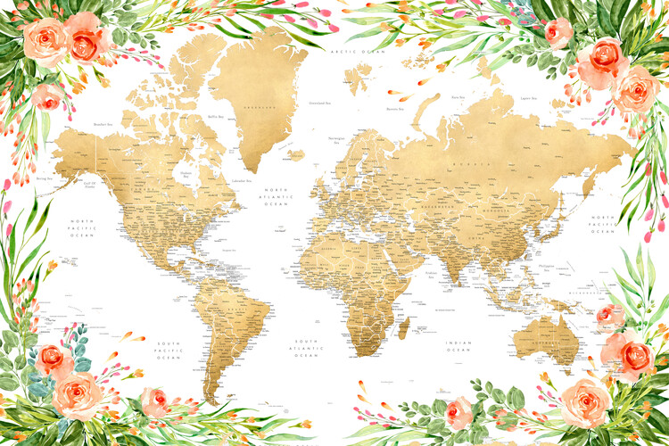 Floral bohemian world map with cities, Blythe Fotobehang