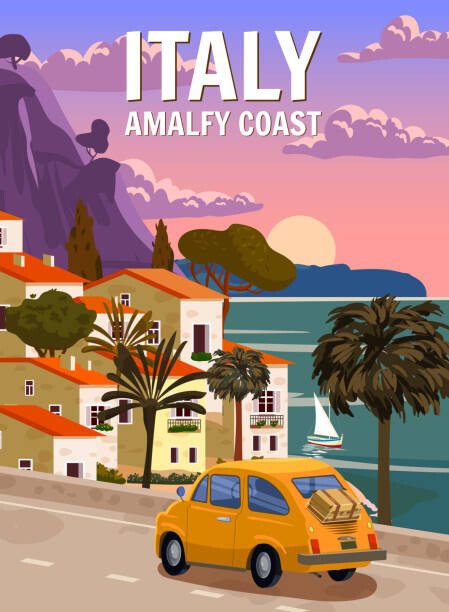 Behang Retro Poster Italy, mediterranean romantic landscape,