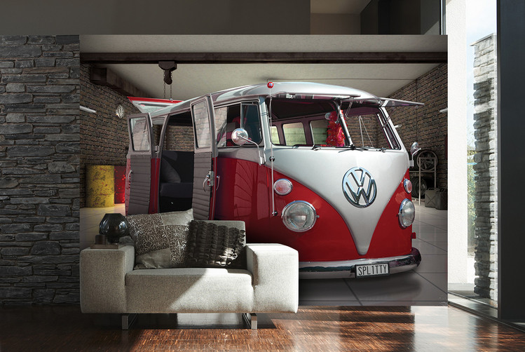 Volkswagen - Red camper van Fotobehang, Behang Bestel nu op EuroPosters.nl