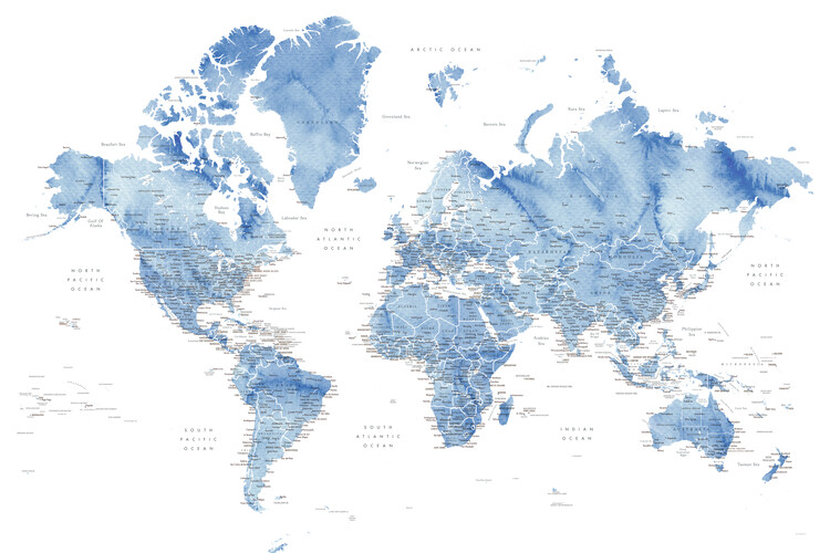 Watercolor world map with cities in muted blue, Vance Fotobehang