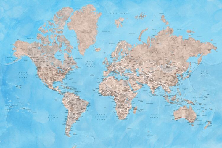 Fototapet Detailed watercolor world map in brown and blue, Bree