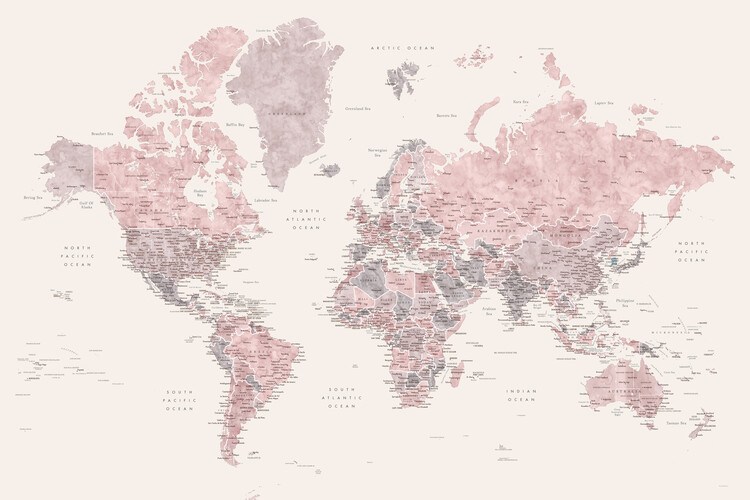 Fototapet Detailed watercolor world map in dusty pink and cream, Madelia