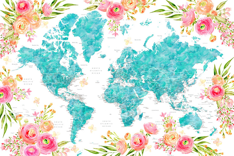 Floral bohemian world map with cities, Halen Fototapet