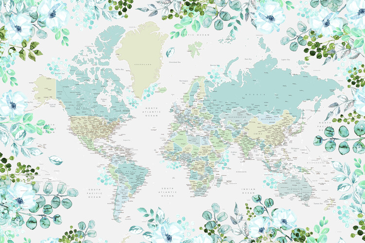 Floral bohemian world map with cities, Marie Fototapet