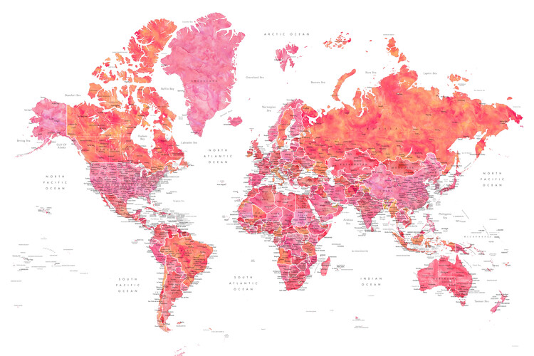 Fototapet Hot pink and coral detailed world map with cities, Tatiana