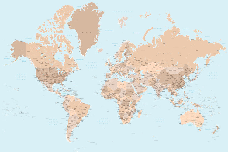 Blue and brown detailed world map with cities Tapéta, Fotótapéta