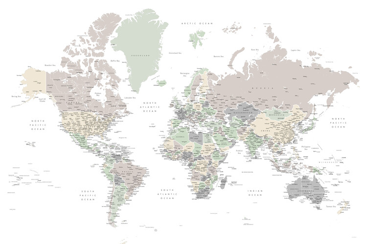 Detailed world map with cities in muted down colors, Anouk Tapéta, Fotótapéta
