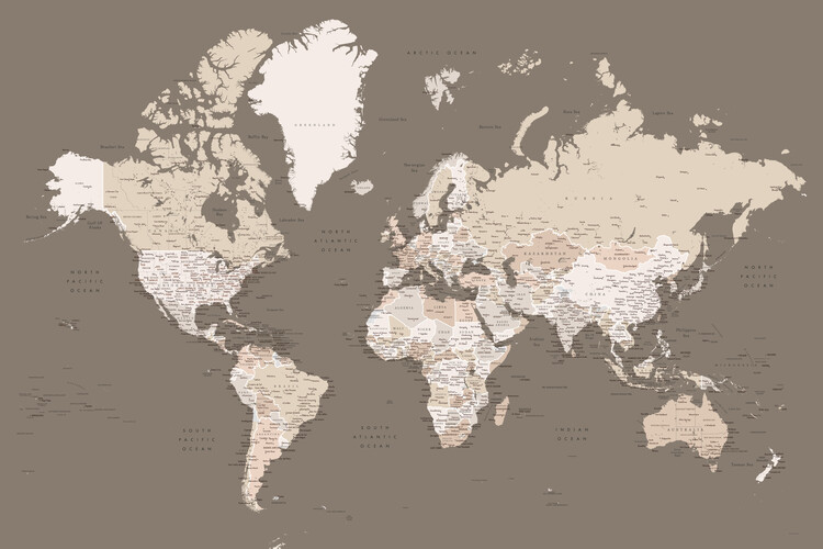 Earth tones detailed world map with cities Tapéta, Fotótapéta