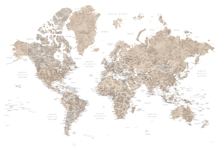 Neutral watercolor detailed world map with cities, Abey Tapéta, Fotótapéta