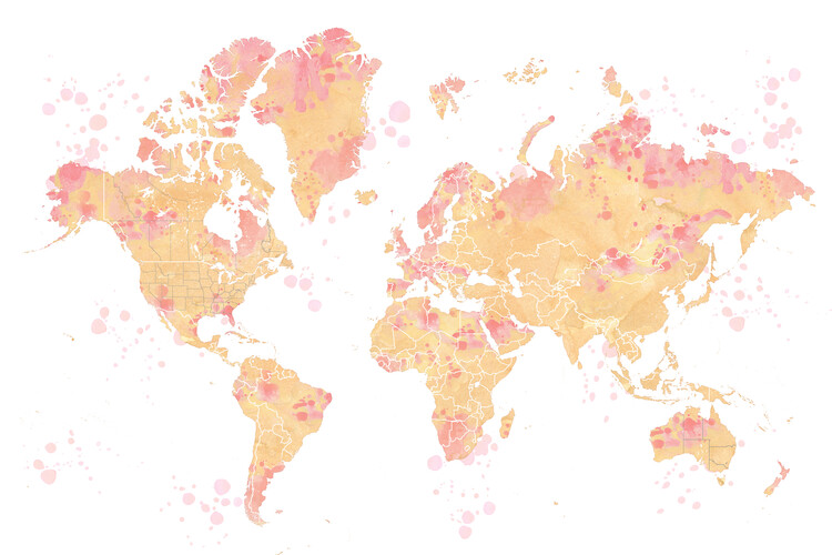 Ochre and pink watercolor world map, Amanda Fototapeta