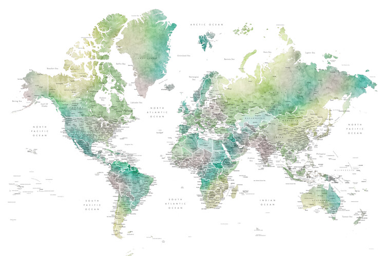 Watercolor world map with cities in muted green, Oriole Fototapeta