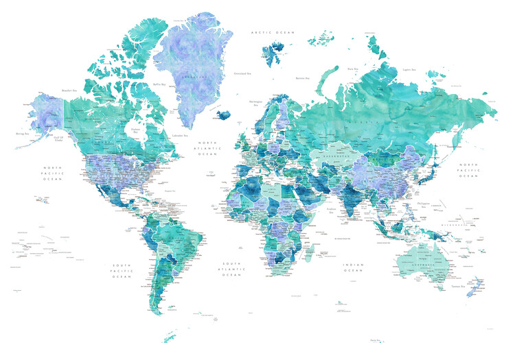 Fototapete Aquamarine and blue watercolor detailed world map