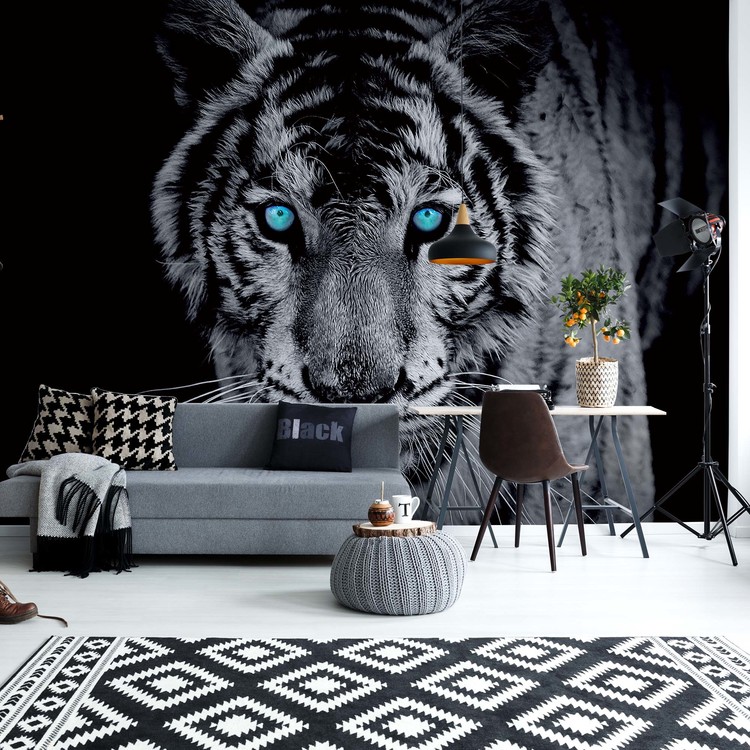 Fototapete Tapete Black And White Tiger Blue Eyes Bei Europosters