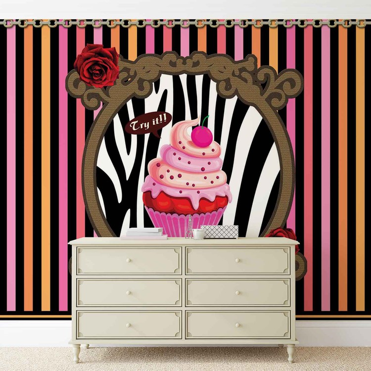 Fototapete Tapete Cupcake Streifen Rosen Muster Bei Europosters Kostenloser Versand