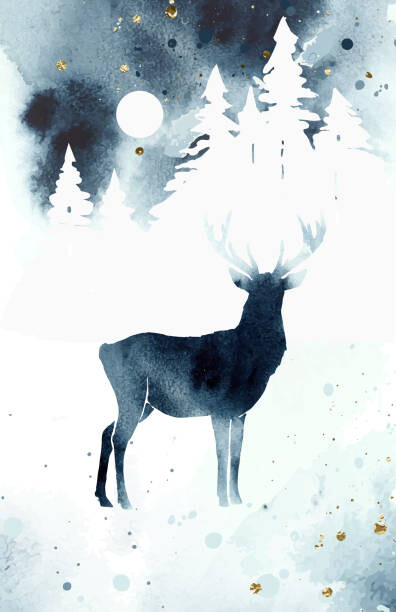Fototapete Vector silhouette of reindeer. Watercolor winter