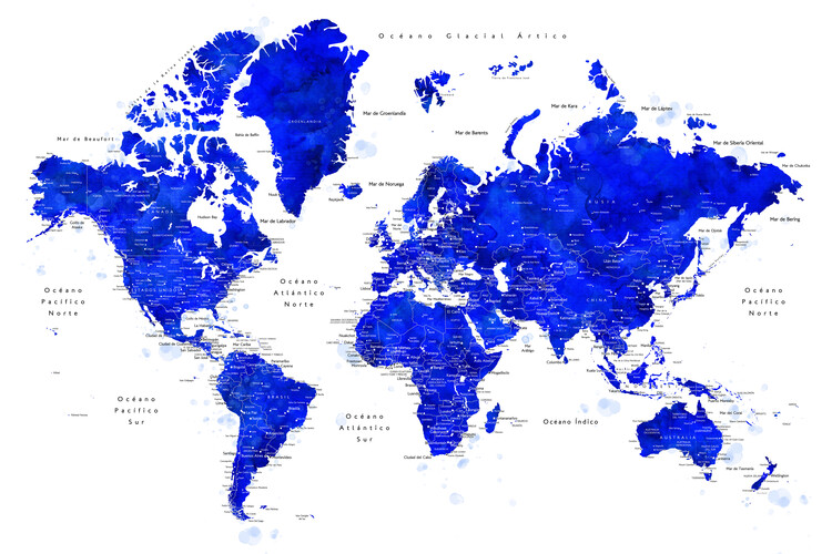 Fototapete World map with labels in Spanish, cobalt blue watercolor