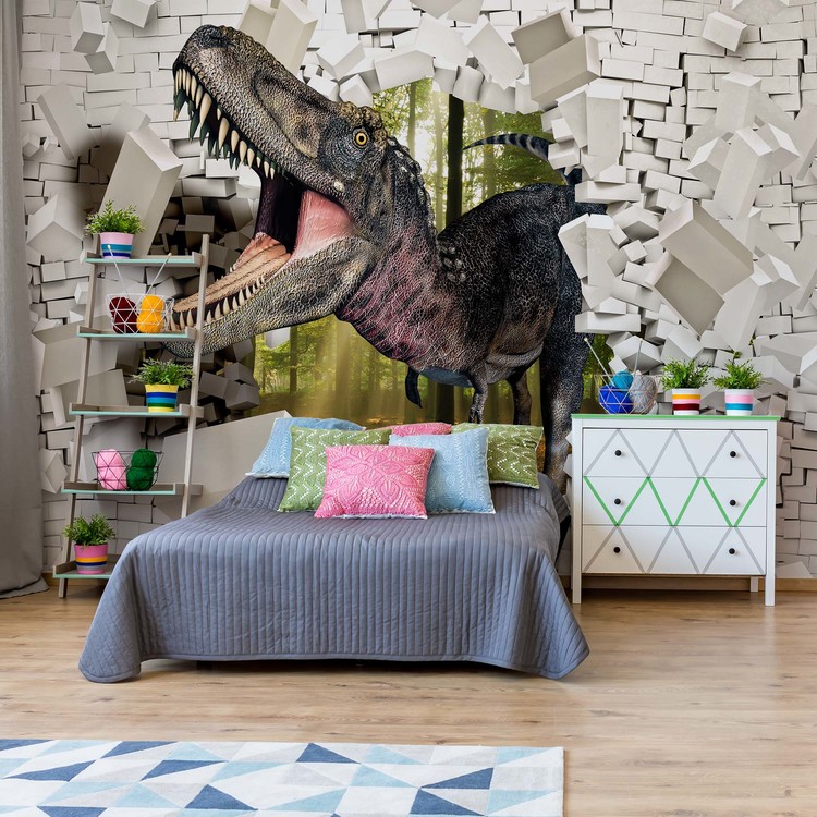  3D Dinosaur Bursting Through Brick Full Wall Mural