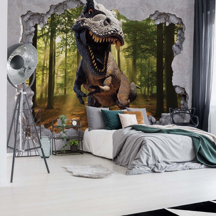 3D Wallpaper Mural of Dinosaur Jumping Out Of Hole In Wall