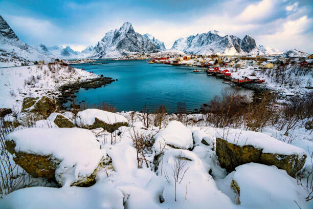 Fototapeta Aerial view of fishing village in
