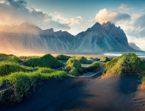 Fototapeta Black sand dunes on the Stokksnes headland